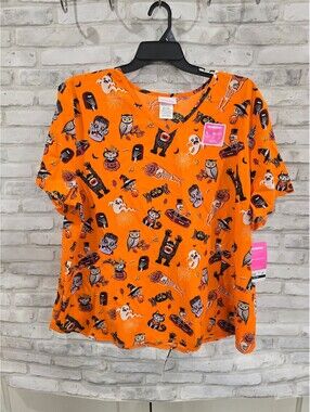 Halloween Horror Monsters Spooky Orange Scary Women's Scrub Top 3XL Scrubs New